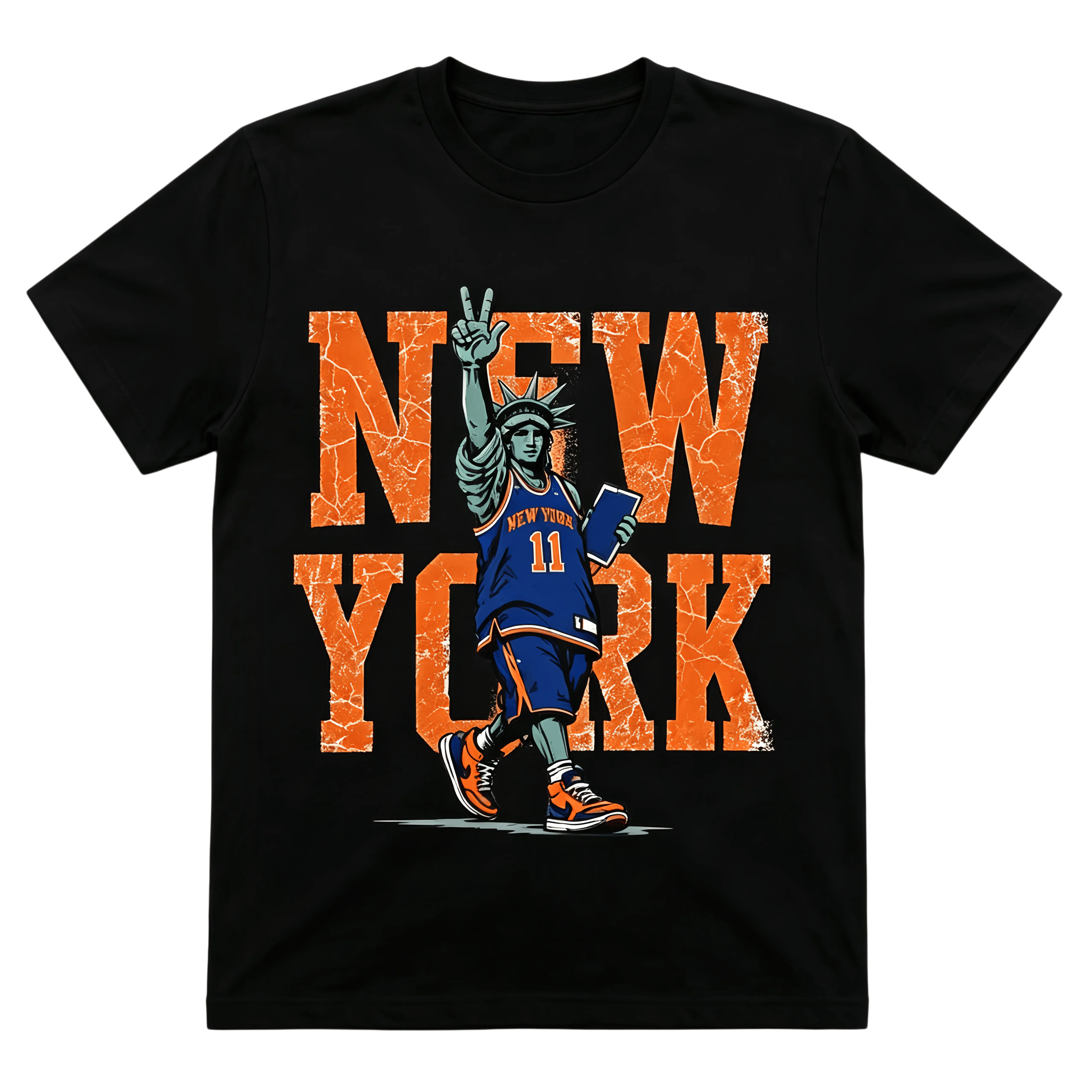 T Shirt Vintage Cracked Letter New York Statue Of Liberty Basketball Outfit Graphic Tee, Round Neck T Shirt, Plus Size T Shirts,  T Shirt, Funny Shirts