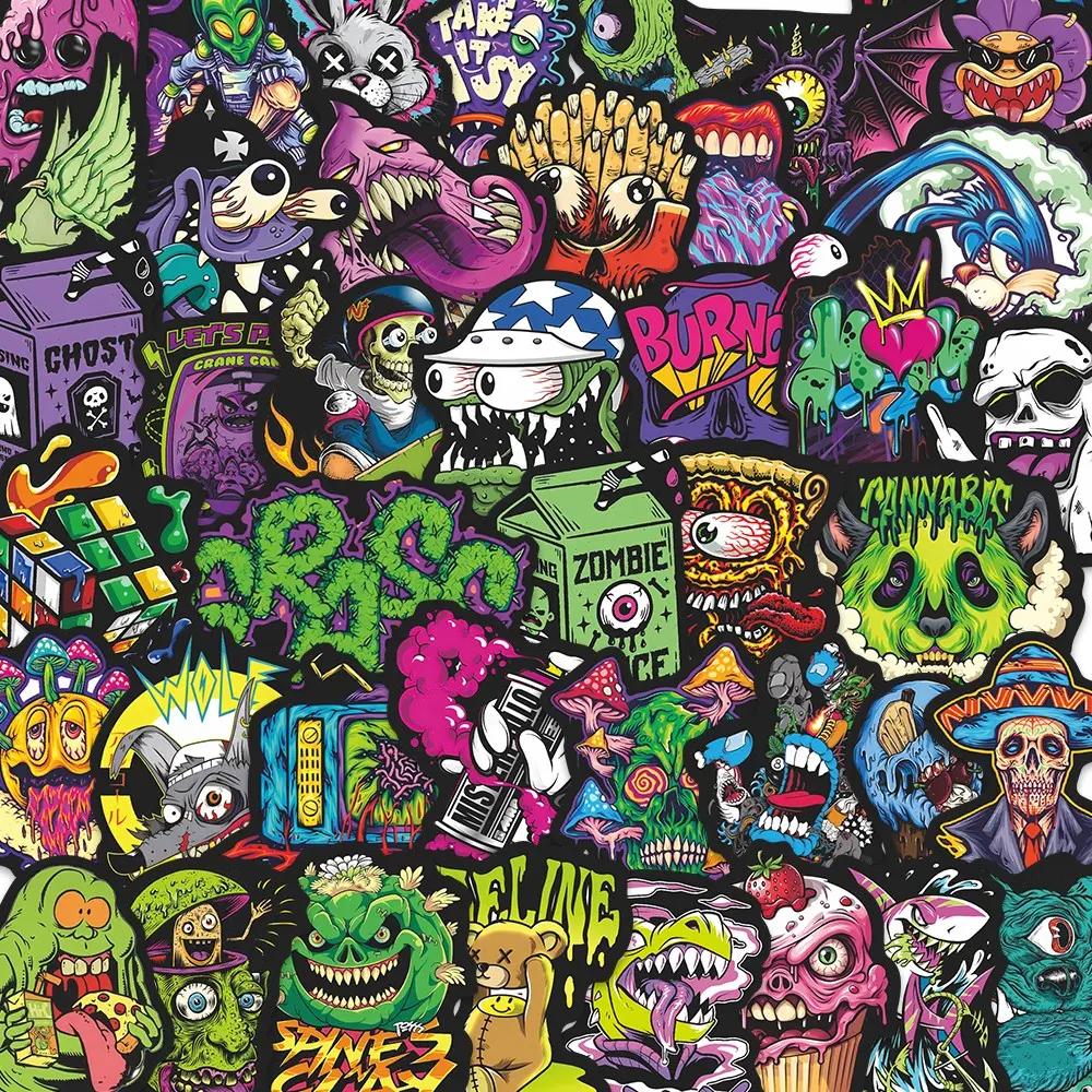55Pcs Trippy Punk Graffiti Stickers Pack, Waterproof Psychedelic Horror Cartoon & Street Art Vinyl Decals for Laptop, Water Bottle, Skateboard & Journal, Edgy Gift, Funny Stickers, Cool Stickers, Sticker Collage Pack