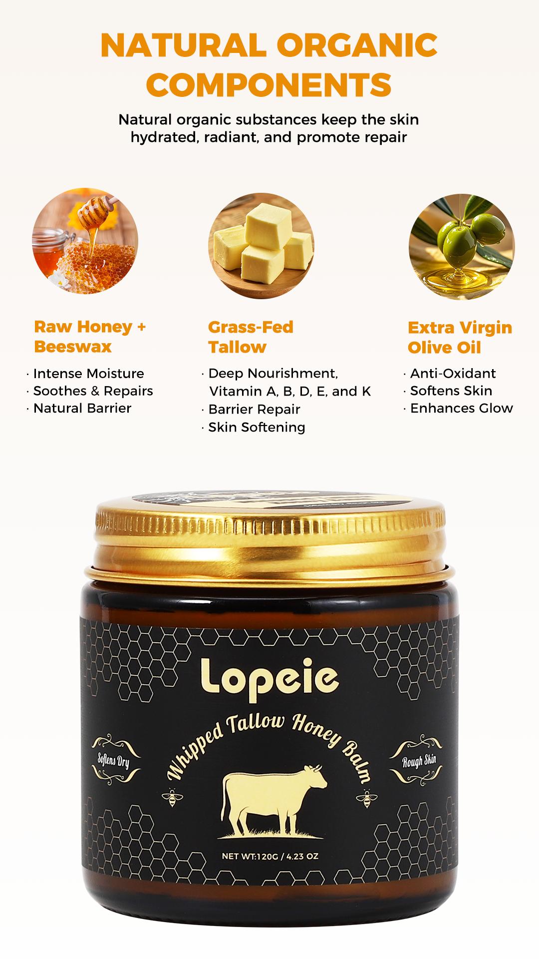 Lopeie Whipped Grass-Fed Beef Tallow Honey Balm - 4 Oz,Moisturizing Cream for Soft, Smooth Skin - Handmade All-Natural Moisturizer - Lavender,hydrating, comfort, moisture boost cream, luminous firming cream, body care, hydrating dry skin