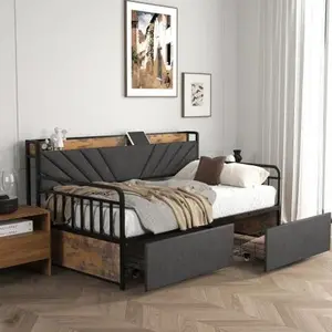 Daybed with Trundle, Twin Metal Bed Frame with Upholstered Headboard, Built-in Charging Station and LED Lighting for Living Room or Guest Space (Black+Brown+Grey ）