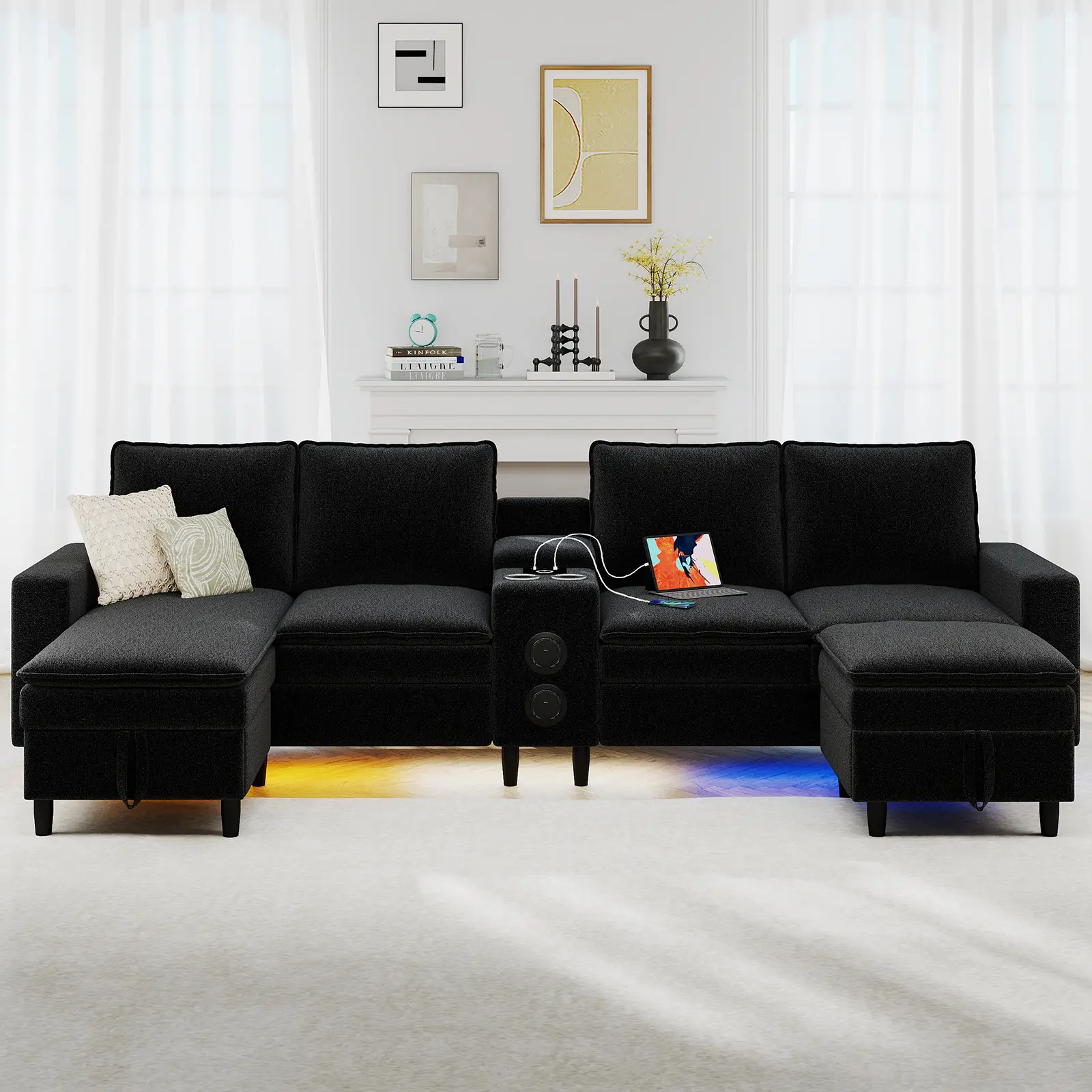 4-Seat Sectional Sofa with Smart Module, Bluetooth Speaker, RGB Lights, Charging Station, U-Shaped Cloud Couch with Storage Ottoman (Black)