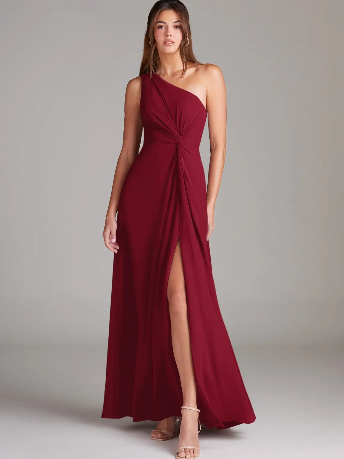 Azazie Brooke A-Line One-Shoulder Pleated Waist-Knot Bridesmaid Wedding Guest Formal Dress