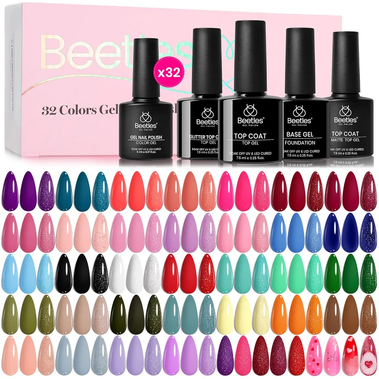 beetles Gel Polish 20-36 Piece Nail Art Kit, Soak Off Manicure Set for Casual Nail Inspo, Includes Base, Matte & Shiny Top Coats, Nude & Flowers Designs, Rhinestone, Silicone, Gel Nail Polish
