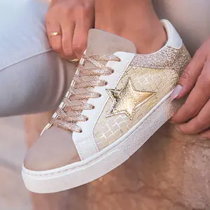 Gold Glitter Star Patchwork PU Leather Lace-up Sneakers