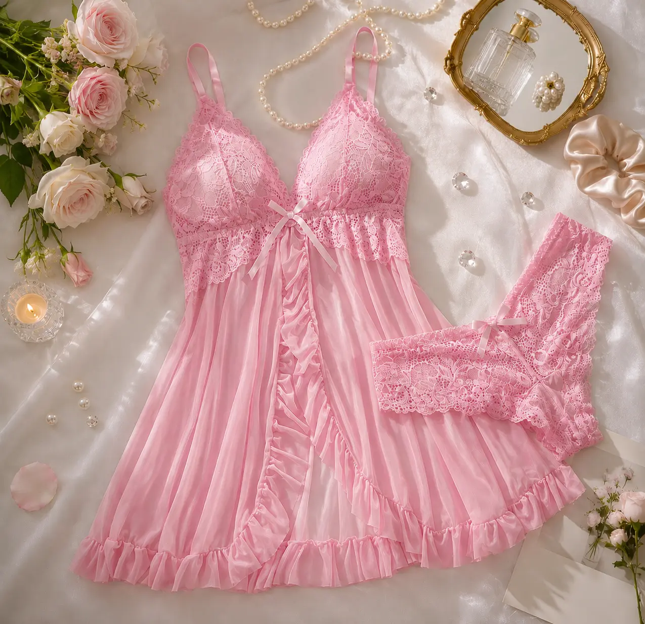 Bella Pink Women's Nightwear Loungewear Lingerie Babydoll Set