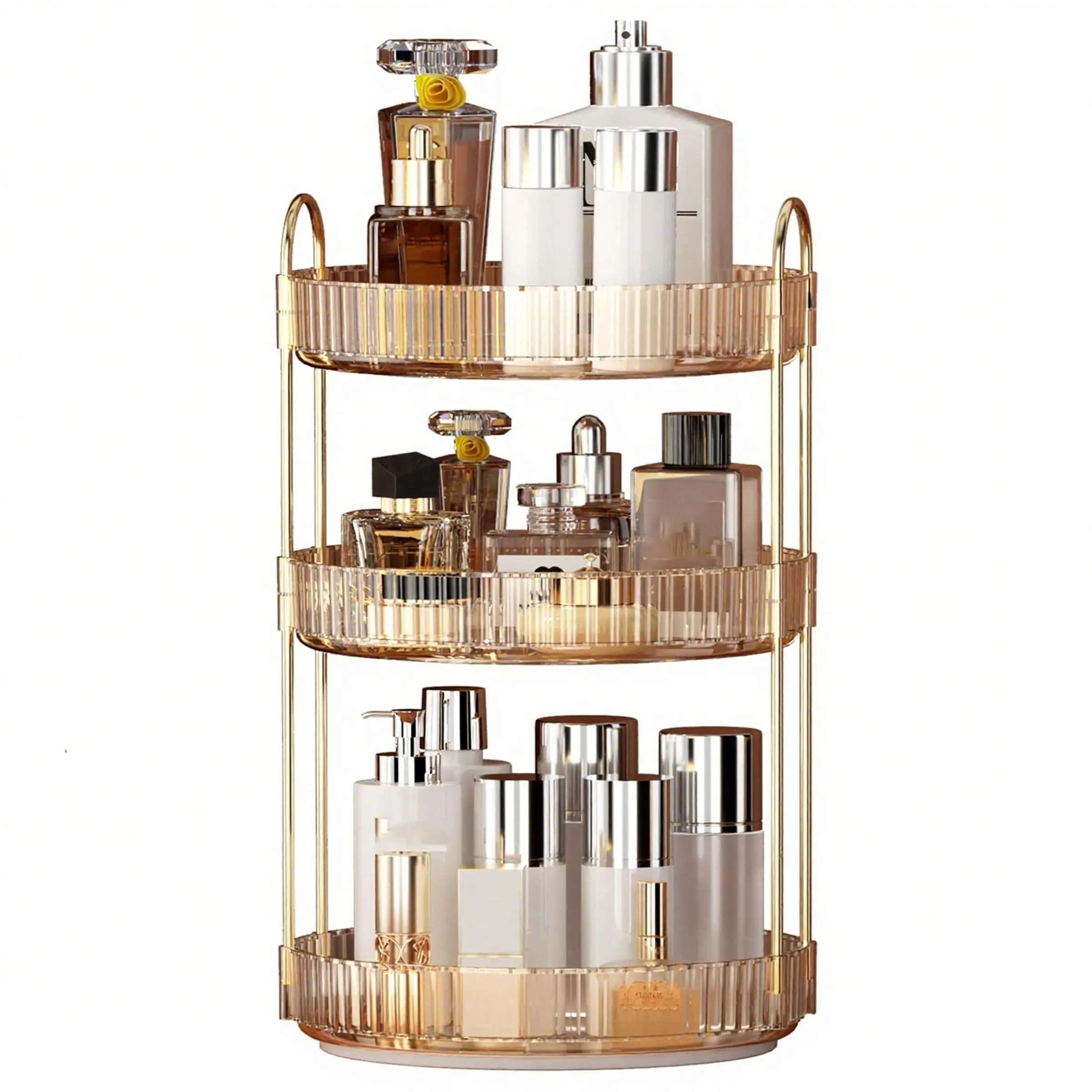 Rotating Makeup Organizer for Vanity, 3 Tier Perfume Skincare Organizers and Storage for Bathroom Countertop, Clear Spinning Counter Cosmetic Holder for Dresser,White