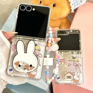 Transparent Cute Cartoon Rabbit Stand Holder With Lanyard Phone Case For Samsung Z Flip 5 4 3 6 7 Hard Protection Cases Cover