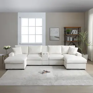 U Shaped Cloud Couch Sectional Sofa 126" Oversized Comfy Cloud Sofa with Console Cup Holder Double Chaise Beige for Living Room