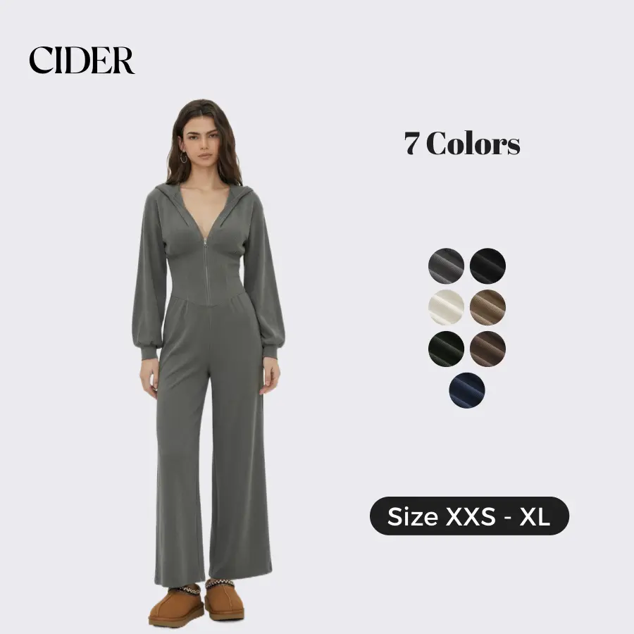 Cider Casual Streetwear Hooded Jumpsuit for Lounge Wear, Elegant Wide Leg Romper, Ladies Long Sleeve Bodysuit, Autumn Daily Outfits, Lady Tracksuits