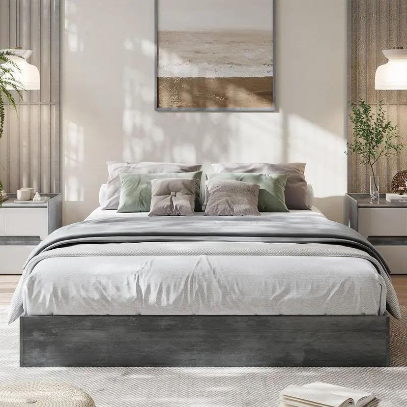 California King Wood Platform Bed Frame, Wooden Bed Frame No Headboard, Wood Slat Support, No Box Spring Needed, Easy Assembly,Gray