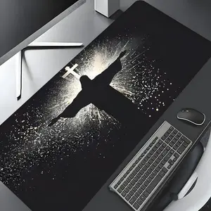 Jesus & Cross Illuminated  Design Large Gaming Desk Mat, Aesthetic Desktop Decoration Drotection Pad,Washable Rubber Pad Non-Slip Lock Edge Multi-Size Desk Mat Suitable For Home Office,Good Gift for Family and Friends,Desktop Accessory