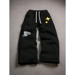 Graffiti star shaped wool pants | Black streetwear wide leg underwear