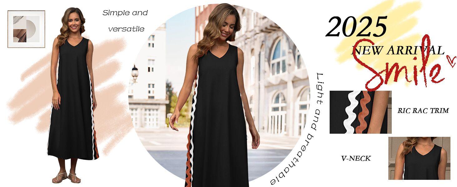 Ebossy Women's Summer Beach Boho Flowy Maxi Dress Casual Sleeveless V Neck Side Slit RIC Rac Tank Dress