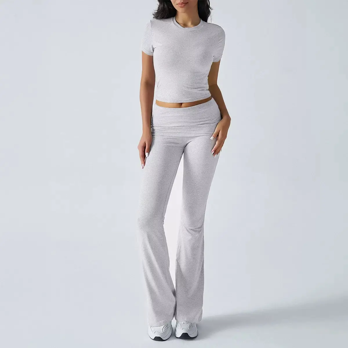 Casual Workout Two Piece Outfits for Women Short Sleeve Crop High Waist Foldover Flare Pants Tracksuit Sets Streetwear