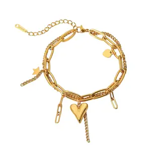 Chained Heart and Star Charm Bracelet - Stainless Steel