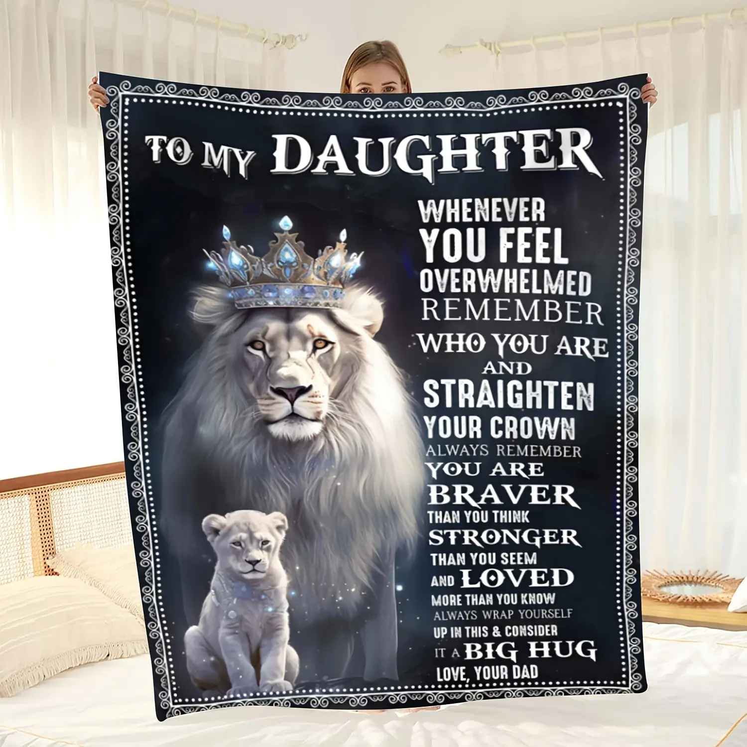 Dad’s Personalized Flannel Blanket for Daughter, Lion Crown & Inspirational Quotes Print, Soft Cozy Plush Throw, Warm Fuzzy Bedding for Bedroom Sofa, Perfect Birthday Graduation Gift for Teen Girls Home Decor, Personalized Blankets