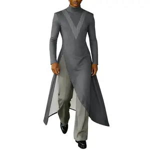 INCERUN Men's Spring-Autumn Avant-Garde Tunic Long T-Shirt - Ribbed Mock Neck, High Slit Asymmetric Hem, Streetwear Style