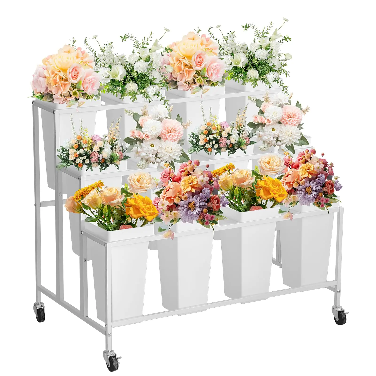 Garvee Flower Display Stand with 12 Square Buckets,Metal Flower Cart with Wheels for Patio, Garden, Shop, Indoor and Outdoor,White