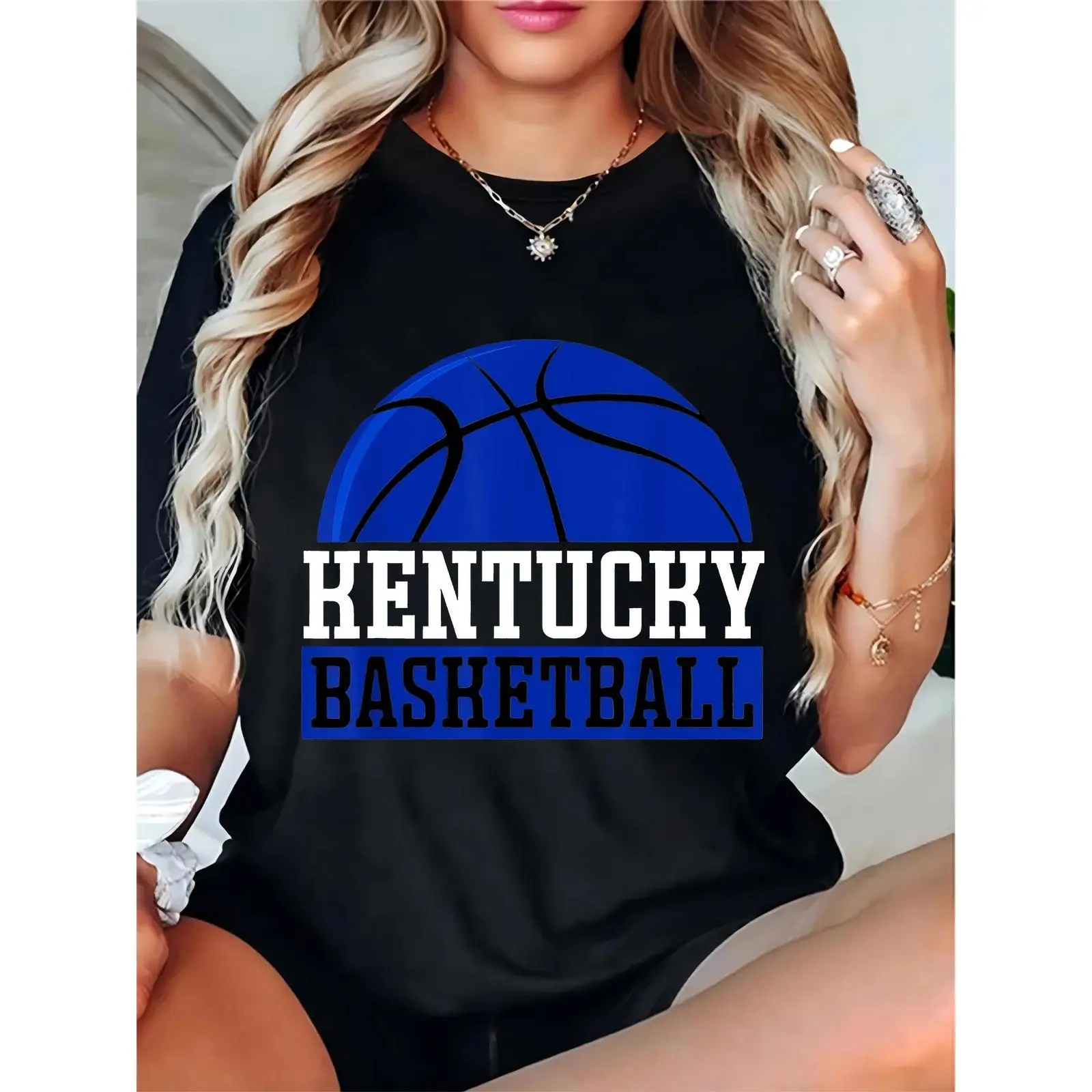 Women's Black Kentucky Basketball Graphic T-Shirt – Blue Basketball Print, Ideal for Game Day, Sports Events, Casual Outings & Daily Wear, Basic, Comfortable, Shortsleeve, Fit, Round Neck, Cotton, Essential, Ladies, Elegant, Feminine, Simple, Tee