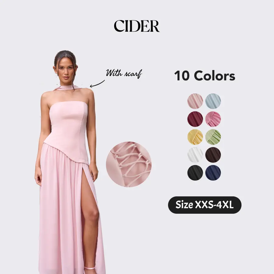 Cider Elegant Vacation Bandeau Dress for Beach Holiday, Sexy Lace Up Maxi Dresses, Ladies Sundress with Scarf, Summer Party Gowns SohoChic