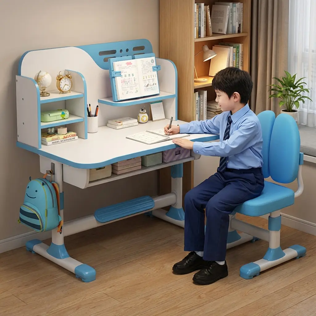 Kids Desk and Chair Set - Children's Homeschooling Writing Furniture with Golden Distance Design Desktop for Boys and Girls