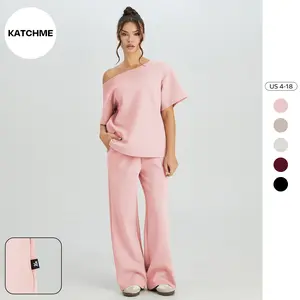 KatchMe Women's Simple Style Solid Color Sloping Shoulder Short Sleeve Top & Drawstring Waist Wide Leg Trousers Co-ord Set & Separates, Minimalist Womenswear