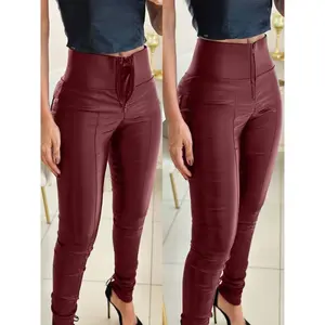[Tummy Control Leather Pants] High-Waist Tummy Control Women's PU Leather Skinny Pants - Zipper Fly, Anti-Chafing Lining, Double-Layer Support, Red, Casual Style, Comfortable Fit Womenswear Bottom Fabric Spandex Basic Minimalist