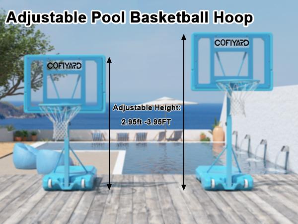 COFIYARD 32-inch swimming pool basketball hoop, equipped with a shatterproof backboard, with adjustable height ranging from 2.95 to 3.95 feet. It also comes with two basketballs and an air pump. Suitable for teenagers and adults.
