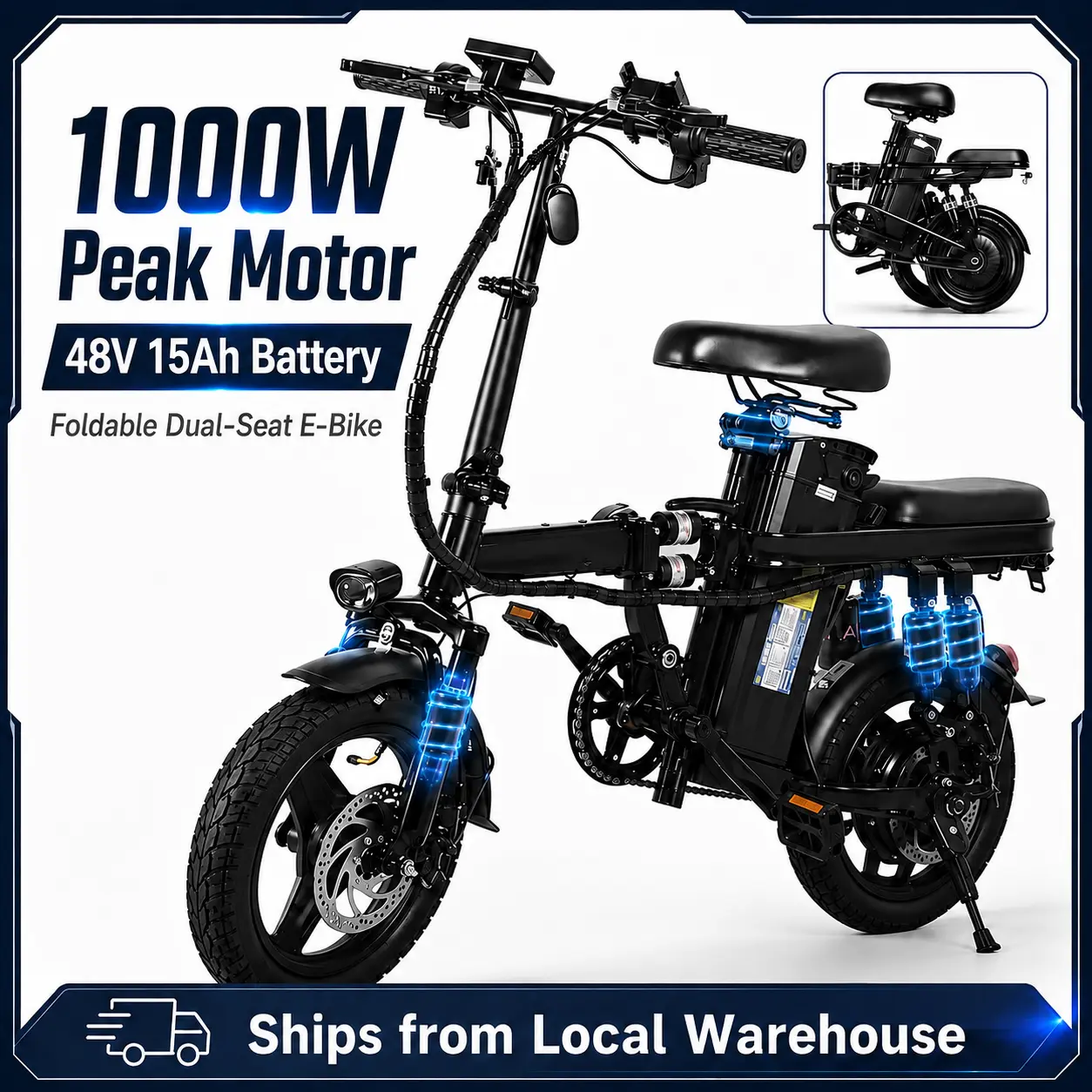 Adult Folding Ebike - Dual Foldable Seat, 1000W peak Motor,48V 15Ah Battery, 20 mph Speed, 30miles+Range, 14-LevelShock Absorption, Includes Wheels, Pedals, Charger(Sports & Outdoor Cycling Equipment) budget 70 us, Adjustable Modes, Compact Fold, Dual Sea