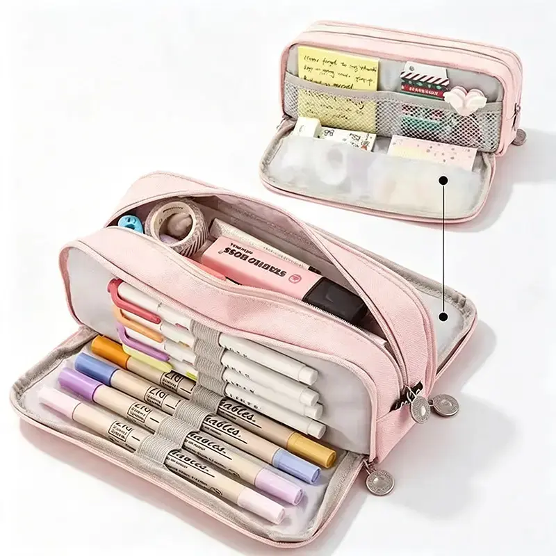 3-Compartment Large Capacity Pencil Pouch, Aesthetic College Supplies Organizer for Students, Portable Stuff for School Pen-Marker Storage Pouch for Art & Office Use