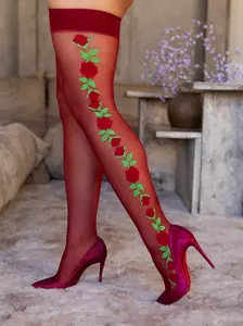 Women's Sheer Spandex Roselle Floral Embroidery Sexy Chic Side Thigh-High Socks Women's Sheer Spandex Roselle Floral Embroidery Sexy Chic Side Thigh-High Socks