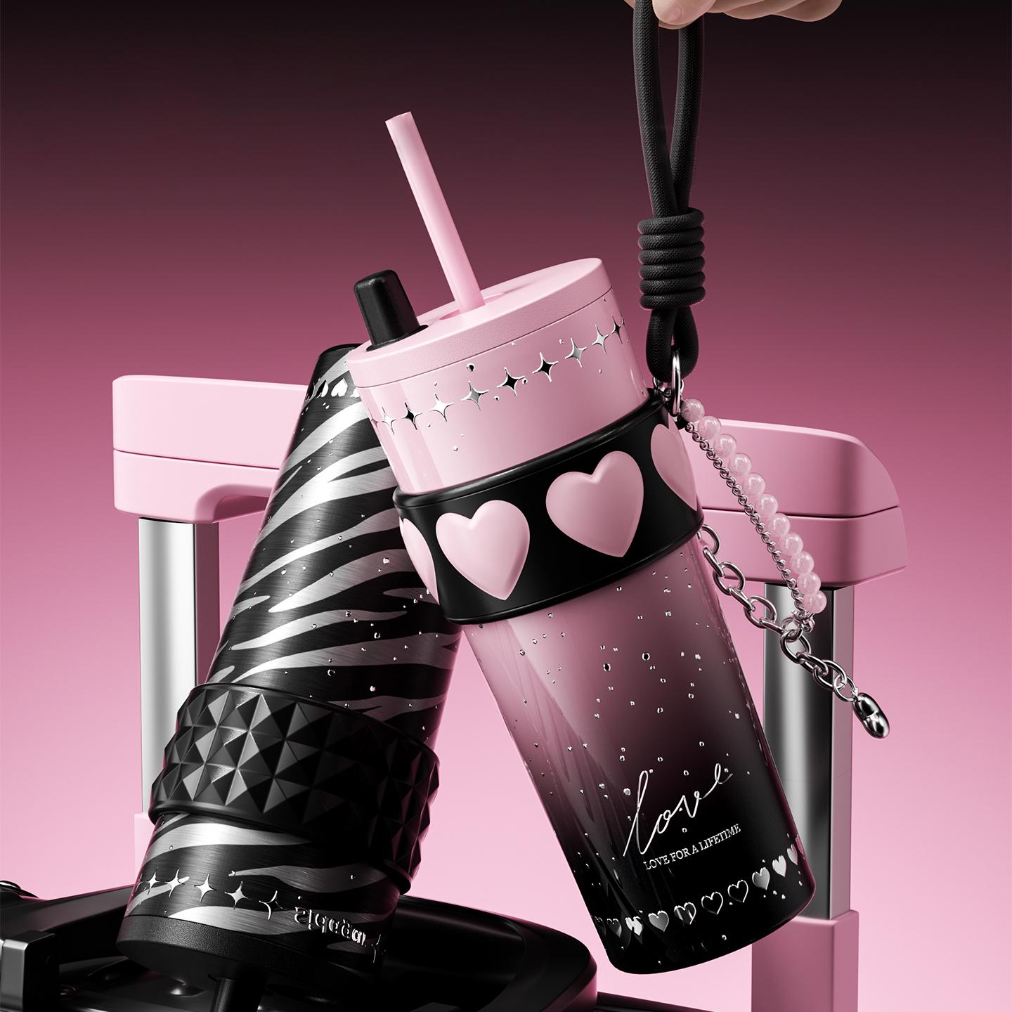 [Sidagar] 24oz Tumbler Water Bottle Cup For Women, Heart Silicone Band With Bracelet Charm, 316L Stainless Steel Ceramic-Coated Interior, Leak-Proof Straw Lid, Portable Drinkware Flask, Wide Mouth Easy Clean, Fits Car Cup Holder, Gift