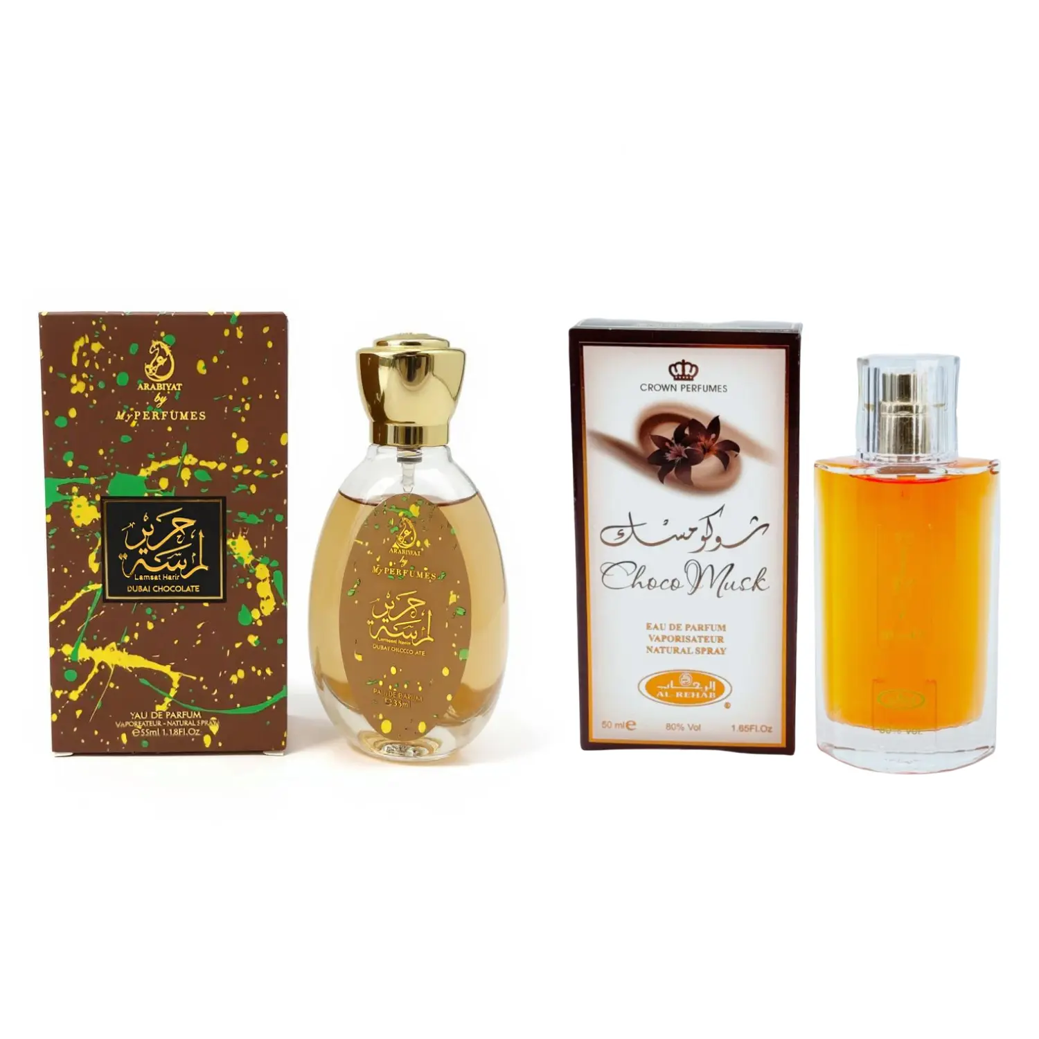 Unisex Arabiyat Prestige Dubai Chocolate EDP (1.18fl.oz) & Al Rehab Choco Musk EDP (1.65fl.oz) Combo - Arabic Perfume Fragrance, Cocoa Musk Scent, EDP Liquid Perfumes, EDP Scents, Sandalwood Notes, Cocoa Musk Perfume, Choco Musk Unisex Fragrance