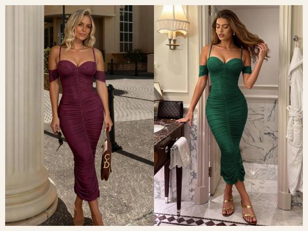 CurvySweet SDK0574A Women's Elegant Off-Shoulder Bodycon Dress with Built-In Bra Support, Cross-Back Strap & Split Hem, Ruched Mesh Midi Slim Dress for Christmas Party & Formal Cocktail Events
