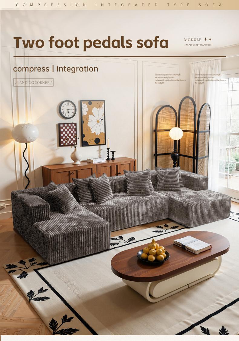 QIMENG U-Shape Modular Sectional Sofa Bed, 3-Package Shipping, Compressed Corduroy & Soft Velvet Fabric, Space-Efficient Deep-Seat Modern Sleeper Floor Sofa for Living Room, Convertible Indoor Sofas, Sofas Living Room