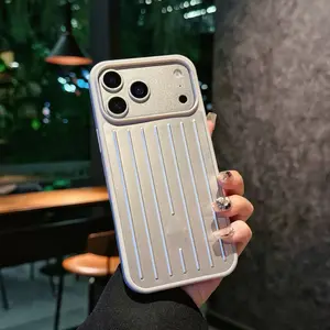 Aluminum Alloy Luggage Case for iPhone 16 Pro Max & 15 Cool 14 All-Inclusive Protective Phone Cover with Vertical Lines Design
