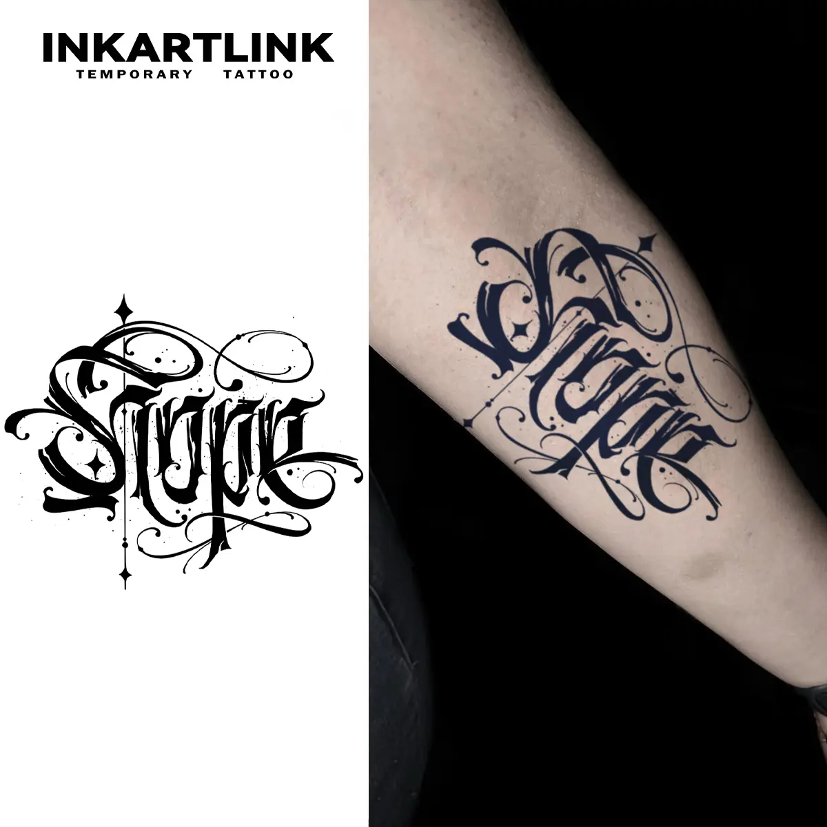 INKARTLINK Gothic Calligraphy Temporary Tattoos - 2 Sheets Waterproof Black Script Lettering Stickers, Dark Aesthetic Body Art, Suitable for All Skin Types