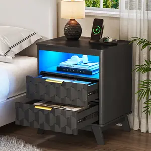 FREDEES LED Modern Night Stand with Charging Station, USB-Type-C Ports, 3-Color Dimmable, Human Body Sensor, 2 Drawers, Wood Nightstand for Bedroom, Modern Night Stands