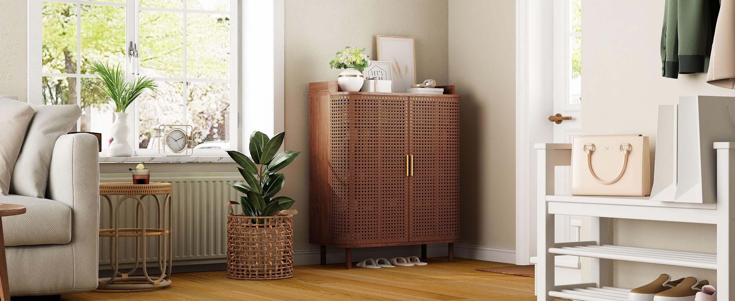 Giratree Shoe Cabinet, 5 Tier Boho Wooden Shoe Storage Organizer Cabinet with Adjustable Shelves, Shoes Rack with Iron Rattan Curved Doors Accent Cabinet for Entryway Hallway Living Room Giratree Shoe Cabinet, 5 Tier Boho Wooden Shoe Storage Organizer Cabinet with Adjustable Shelves, Shoes Rack with Iron Rattan Curved Doors Accent Cabinet for Entryway Hallway Living Room