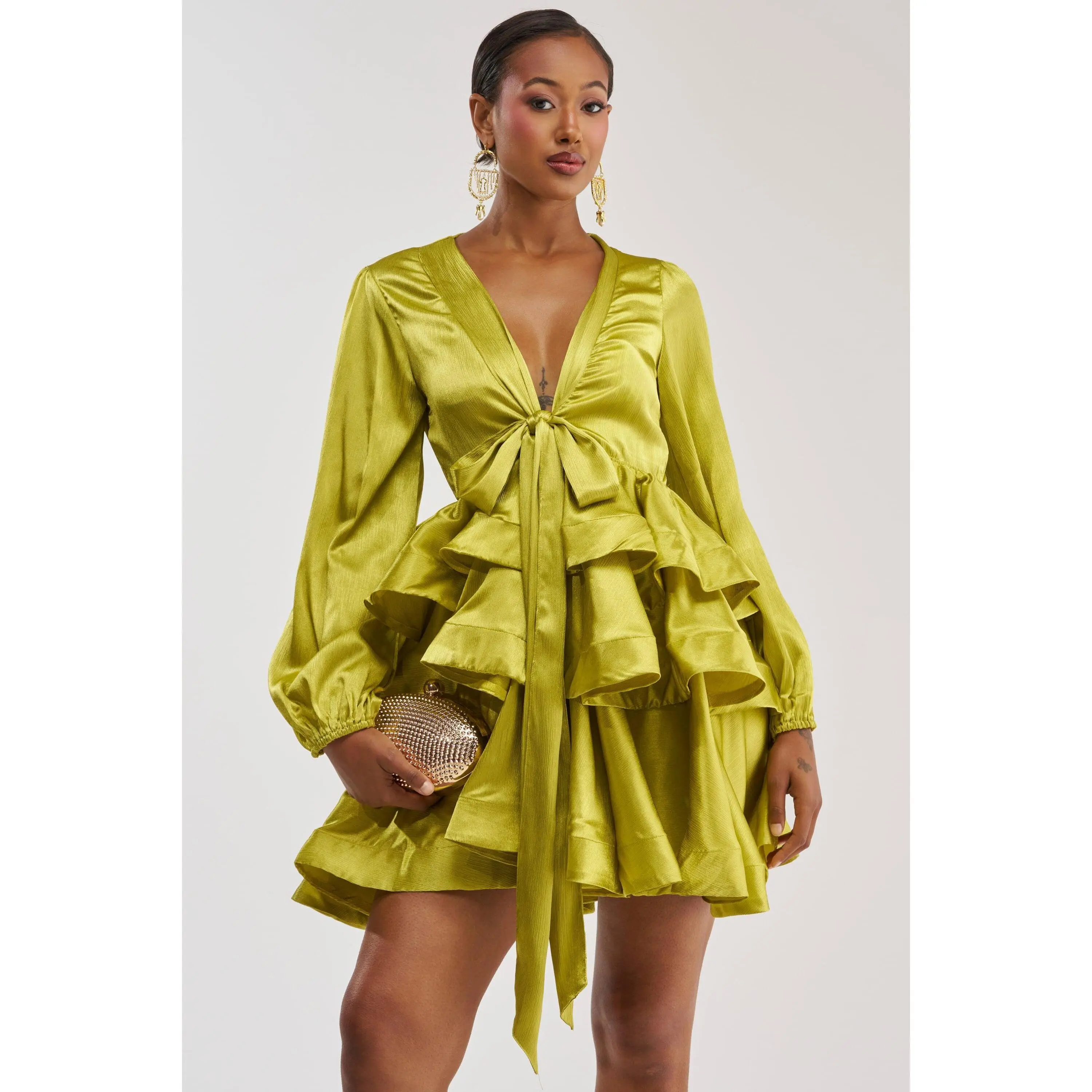 ARIANA SATIN RUFFLED MINI DRESS IN GREEN