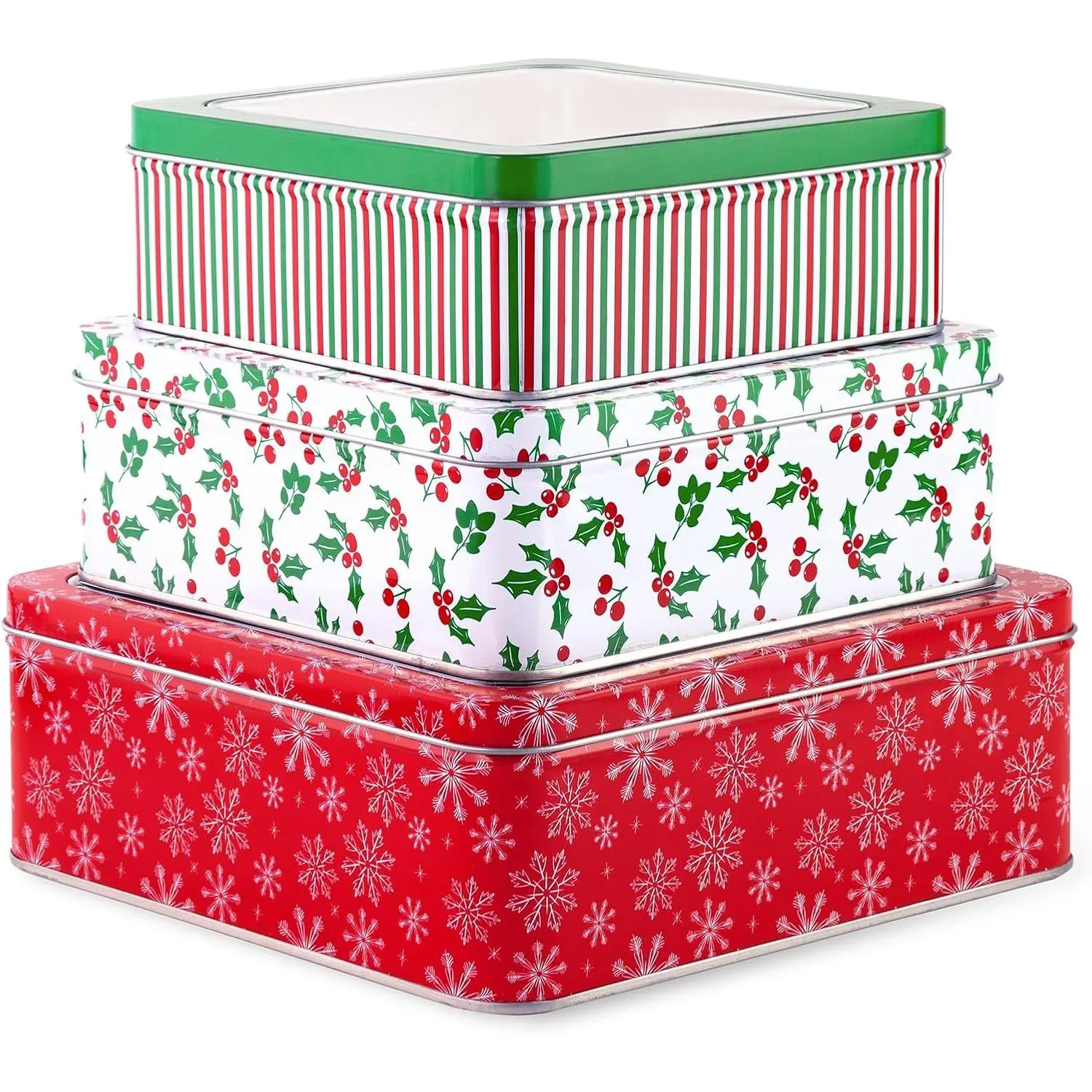 Steel Mill & Co Square Tin Containers with Lids  3 Pack Christmas Cookie Tins Festive for Gift Giving Holiday Treats Metal Box Nesting Large Medium Small Snowflake