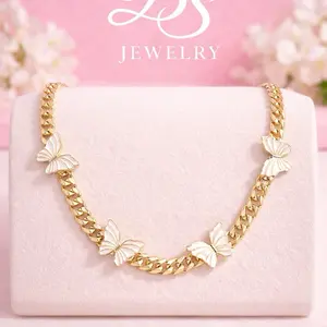 Gold Cuban Chain Butterfly Necklace – White Butterfly Charm Elegant Jewelry