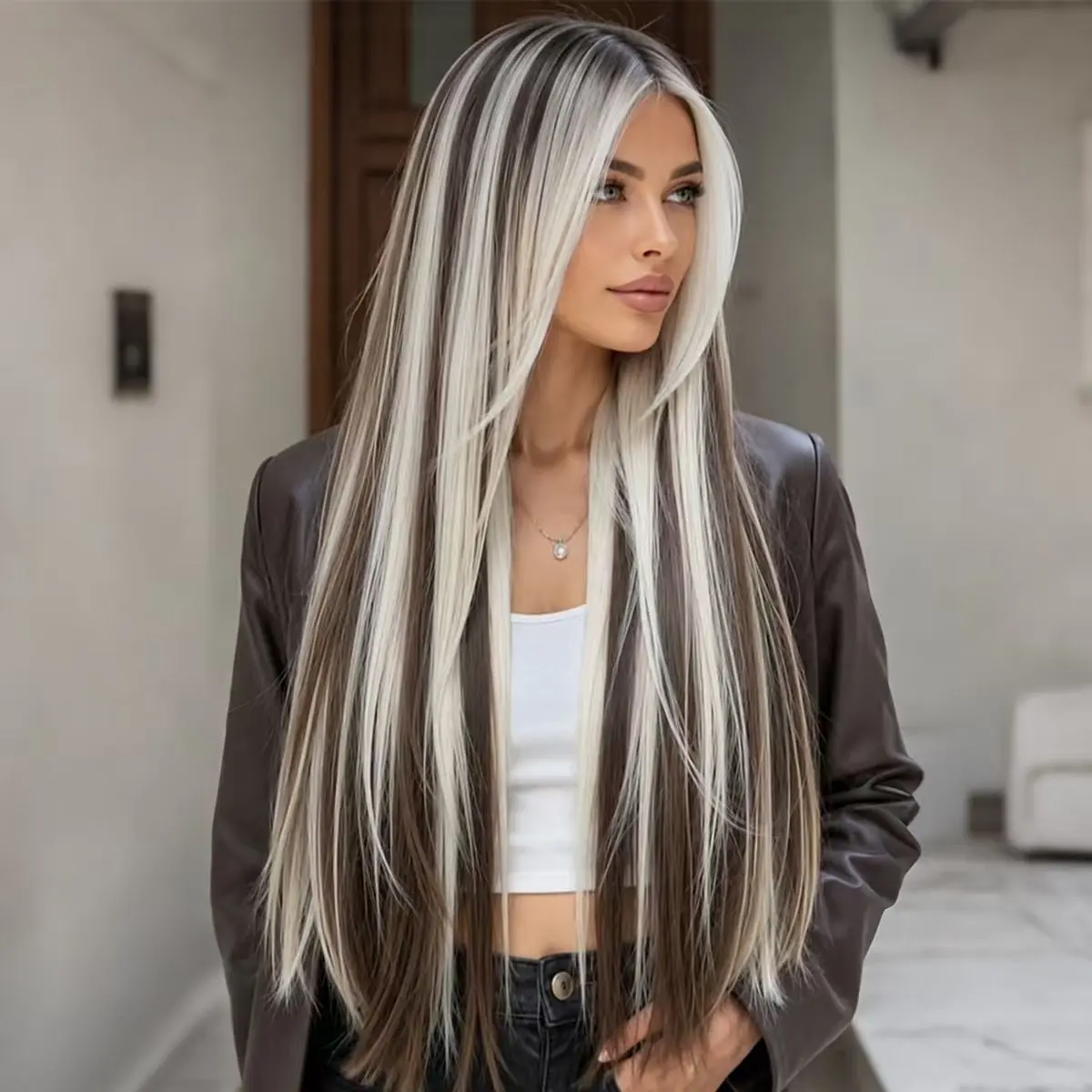 SMILCO 26 Inch Long Straight Wig Ash Brown Blonde Highlight Middle Part Synthetic Hair Wig SM622