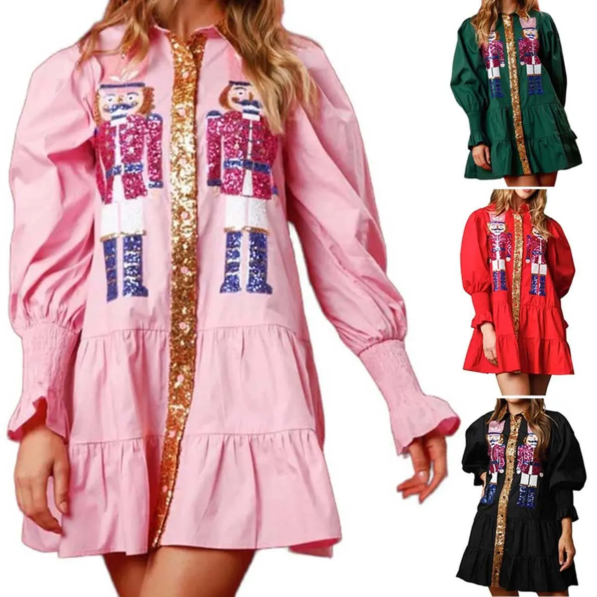 Women's Christmas Sequin Nutcracker Dress Long Sleeve  A-Line Holiday Mini Shirt Dresses for Girls Cute Flowy Xmas Short Dresses Elegant Stylish Retro Design for Girls Party