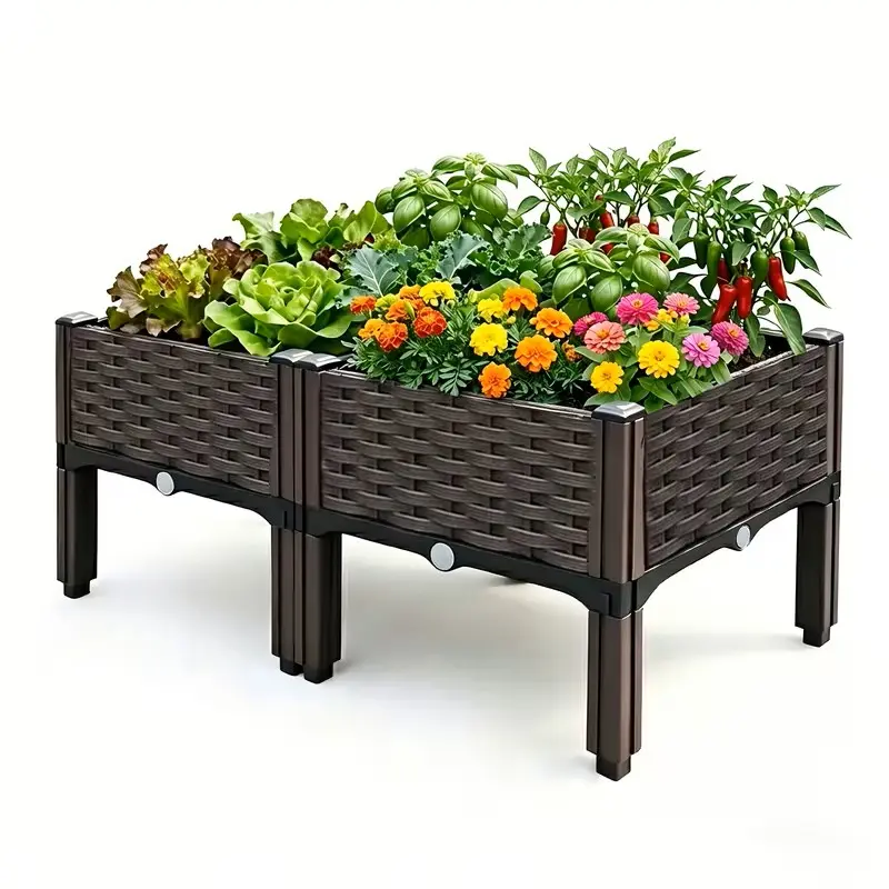 LIALEX Plastic Raised Garden Bed Kit with Legs Elevated Planter Box, 2 Pack Multi-use Planter for Vegetable Herb Flower, Indoor Balcony Fence Patio Outdoor Planting
