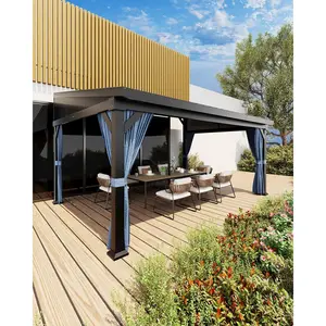 10'X14' Wall-Mounted Lean-to Gazebo – Galvanized Steel Roof with Gutters & Sliding Netting/Curtains, Weather-Resistant Pergola for Patio & Backyard