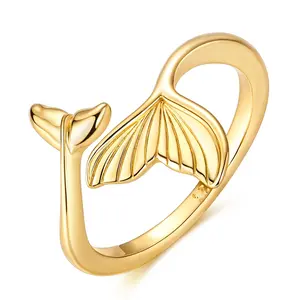 LAZA 14K Gold Plated Mermaid Tail Ring, S925 Silver Adjustable Open Whale Tail Wrap Ring, Coastal Beach Ocean Jewelry, Summer Vacation Accessory, Perfect Gift for Teenage Girls & Surfing Lovers