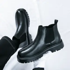 Men's Chunky Platform Chelsea Boots Leather Slip-On Ankle Boots with Lug Sole Non-Slip Round Toe Footwear for Casual Work and Streetwear