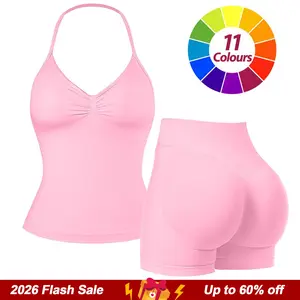 RICH BRIA Women's Seamless Halter Tank Top with High Waist Shorts Set for Yoga and Fitness, Breathable & Comfortable Activewear Summer Two-Piece Set