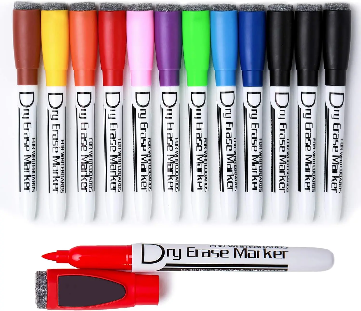 "12-Pack Magnetic Dry Erase Markers – Fine Tip, Multicolor, Built-In Erasers, Low Odor Ink for Whiteboards" pencil